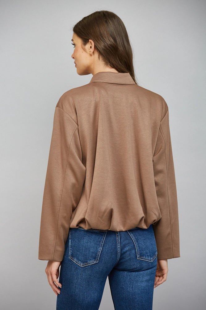 Super Soft Mocha Pleated Hemline Zip Front Closure Bomber Jacket by Fate