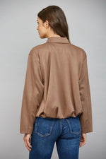 Super Soft Mocha Pleated Hemline Zip Front Closure Bomber Jacket by Fate