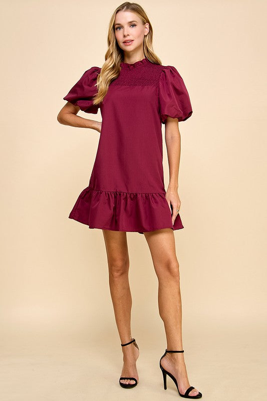 Puff Sleeve Mini Dress with Ruffle Hem