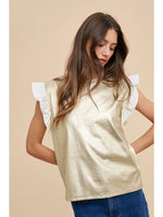 Ice gold metallic mix media ruffle sleeve top