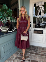 Mae Faux Leather V Neck Zip Front Midi Dress with Cinched Waist- Burgundy