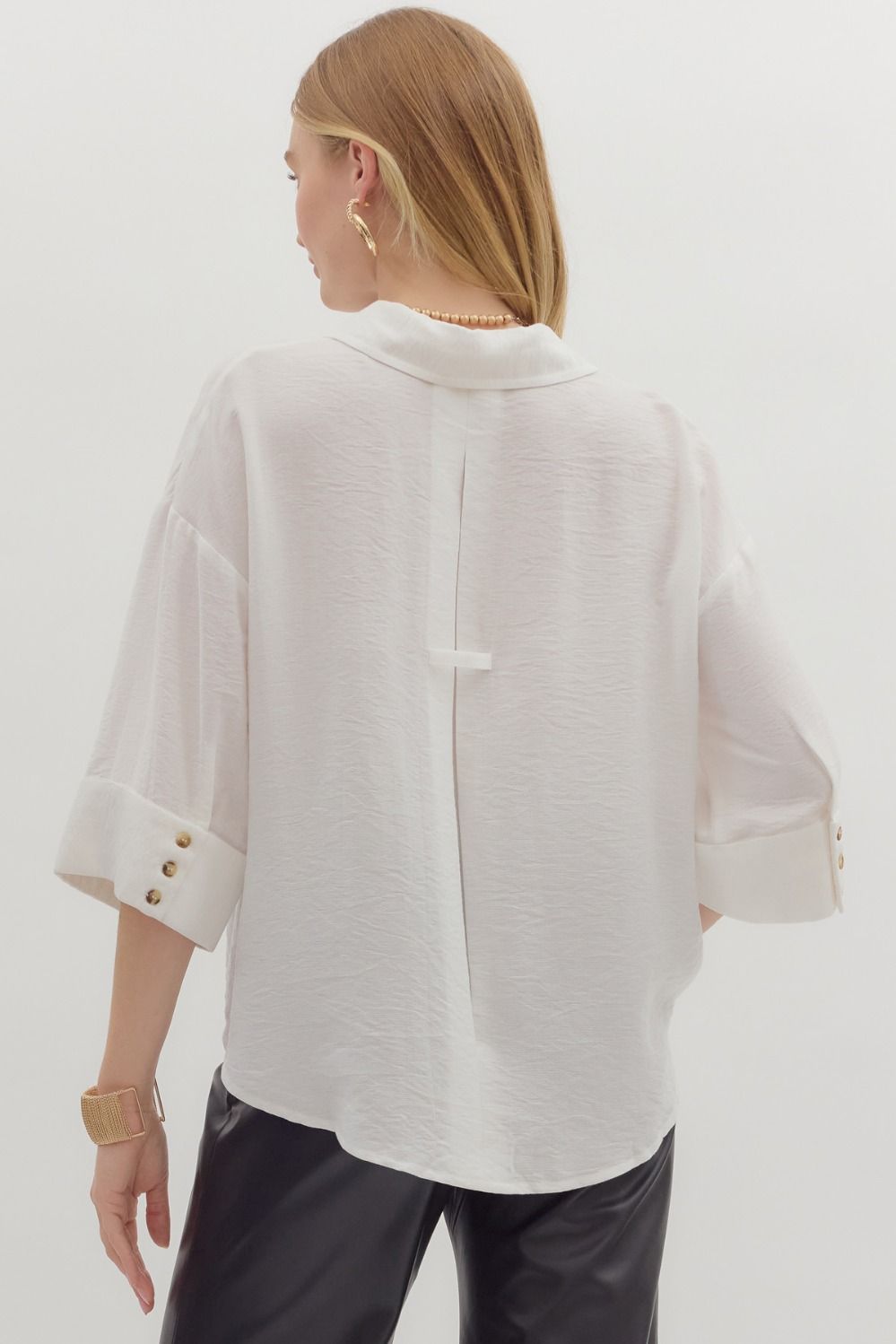 Solid Wide Cuff ¾ Sleeve Spread Collar Button Front Top
