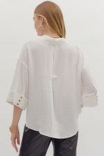 Solid Wide Cuff ¾ Sleeve Spread Collar Button Front Top