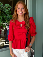 Red 3/4 Length Puff Shoulder Bow Detail Top