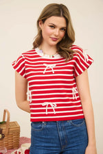 Stripe Bow Detail Short Sleeve Knit Top