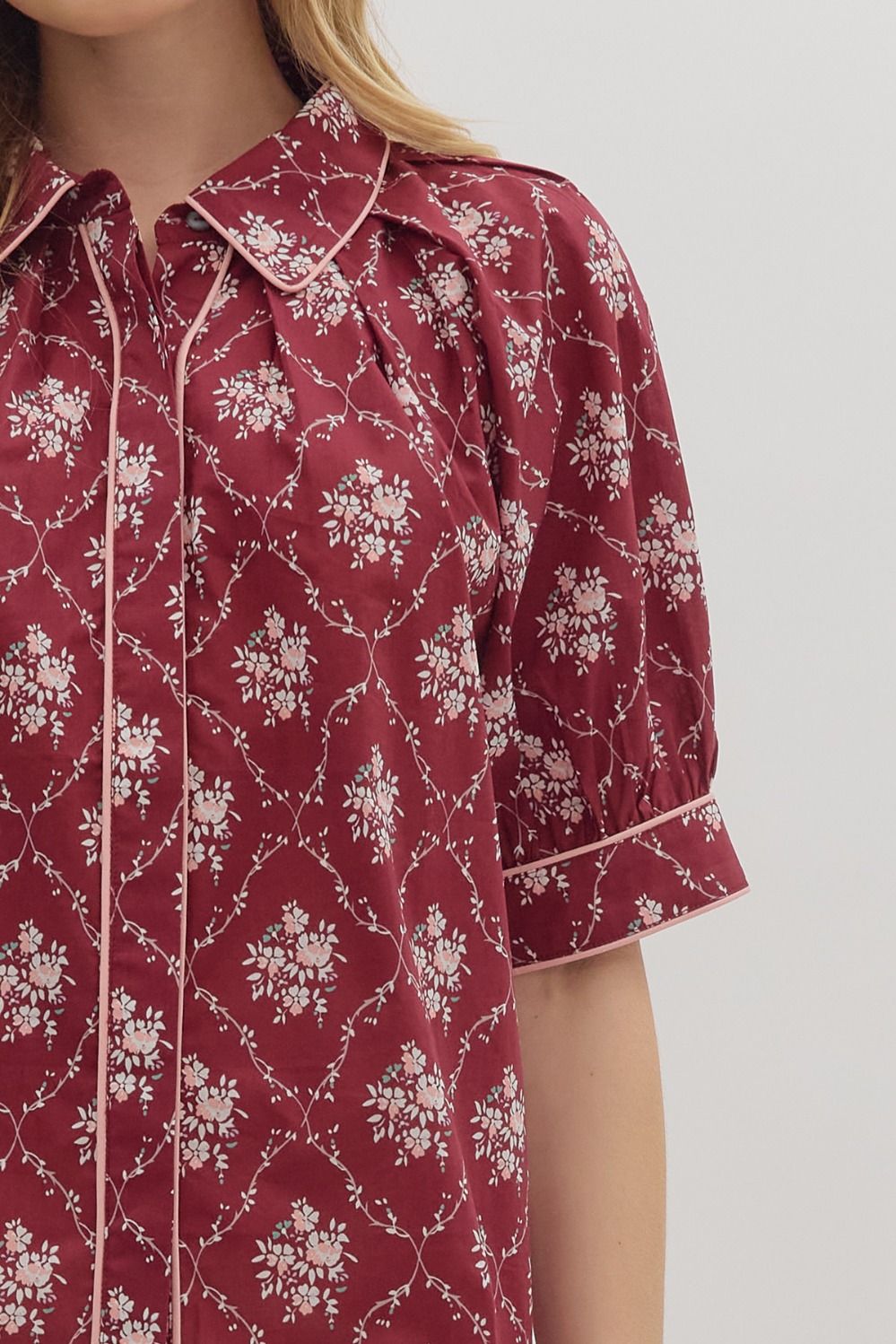 Wine Floral Button Down Top