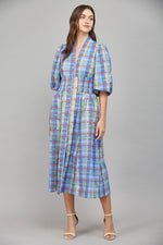 Periwinkle Olive Plaid Midi Dress featuring Zip Front and Side Pockets by FATE