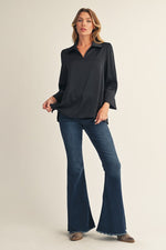 Pearl Cuff Button Accent Satin Top