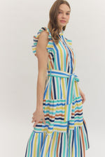 Pheobe Striped Button Down Midi Dress with Self Tie Waist