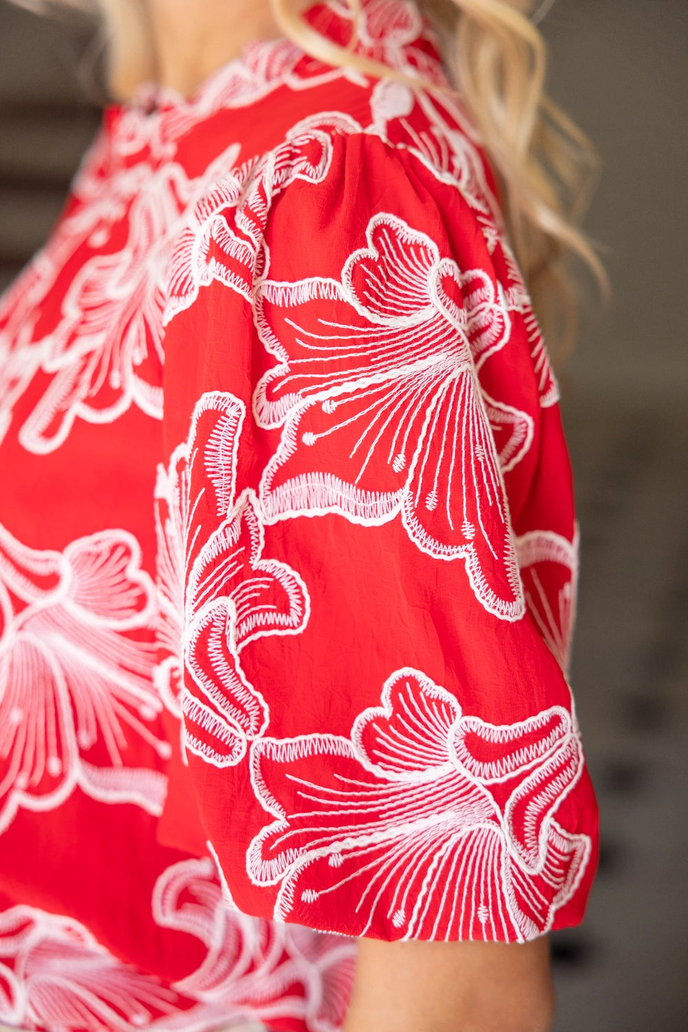 Maya Ruffled Round NeckFloral Embroidered Top- Red