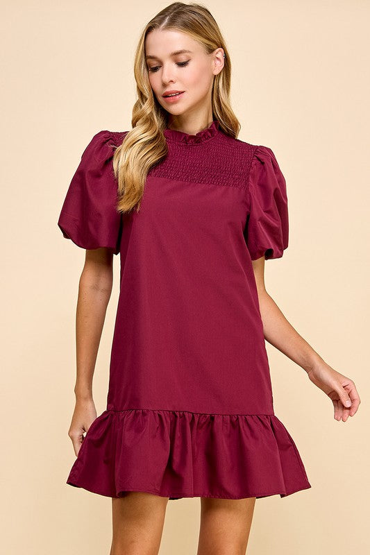 Puff Sleeve Mini Dress with Ruffle Hem