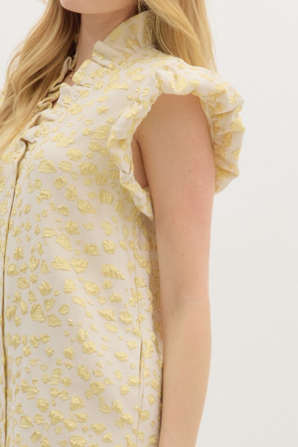 Metallic Textured Pattern Button Front Mini Dress featuring Ruffle Neck and Shoulder with Side Pockets ** available in Lemon Gold Or Navy Gold