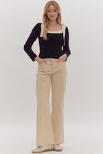 Black and Ivory Square Neck Top with Double Shoulder Bow Detail