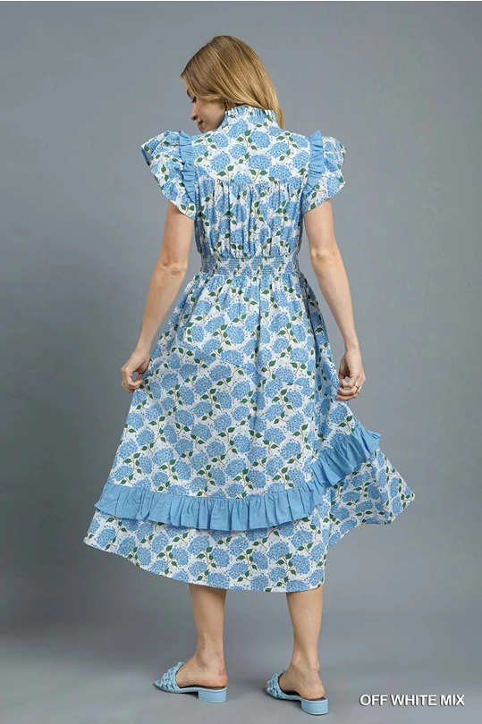 HYDRANGEA RUFFLE DETAIL MIDI DRESS