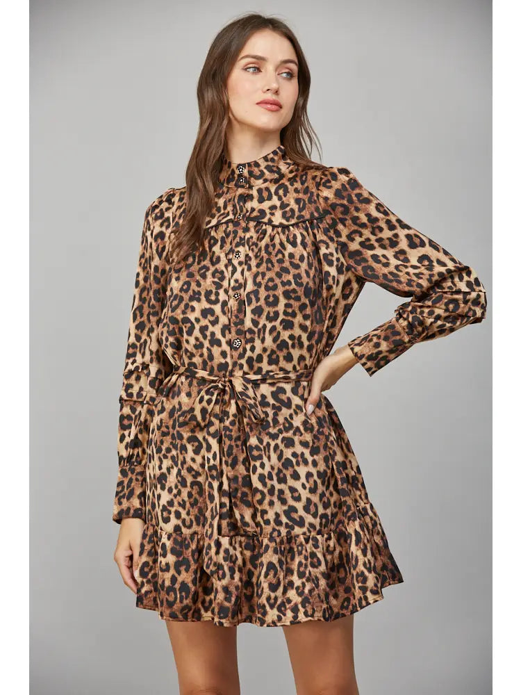 Animal Print Satin Tie Waist Shirt Dress by Fate