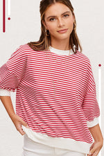 Tomato Red Striped Short Sleeve Crew Neck