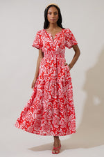 Hazen Red Floral Palmer Poplin Tiered Maxi Dress