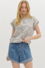 Gray Leopard Print Jersey Knit Pullover Top with Studded Shoulder Detail