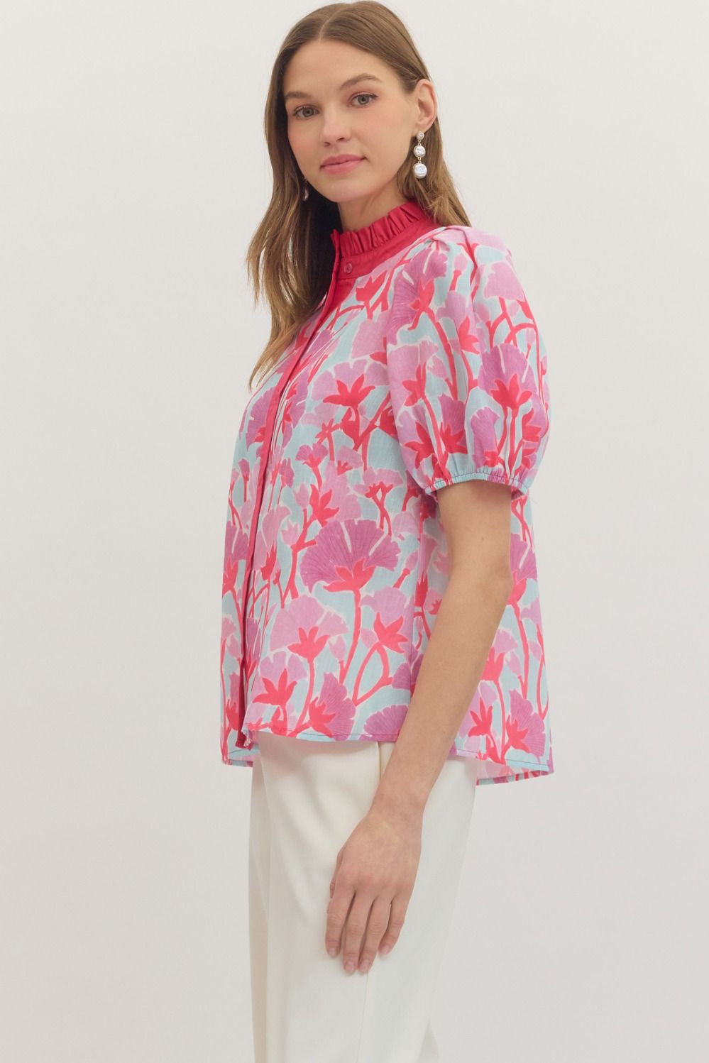 Landry Botanical Print Button Front Top