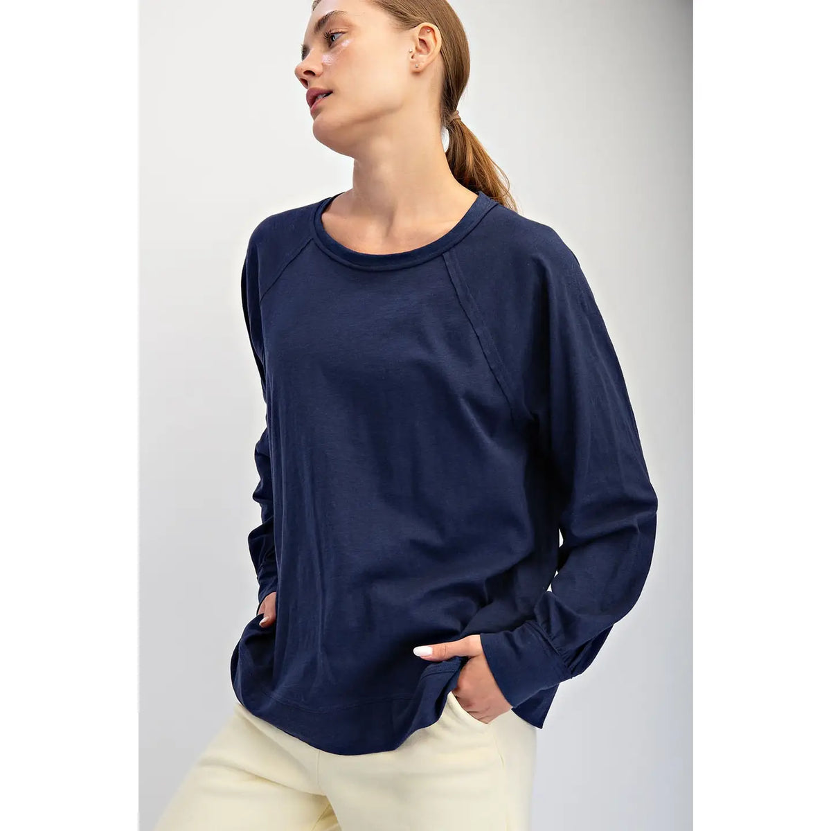 Rae Mode Oversized Cotton Slub Long Sleeve Top - Navy