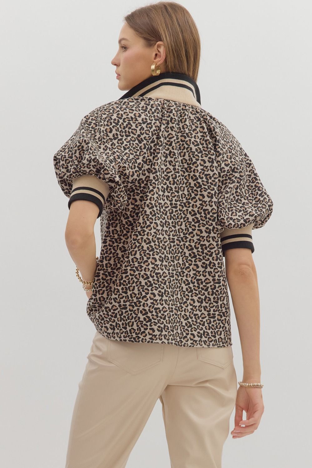 Peyton Leopard Half Zip Top featuring Multicolor Band Collar