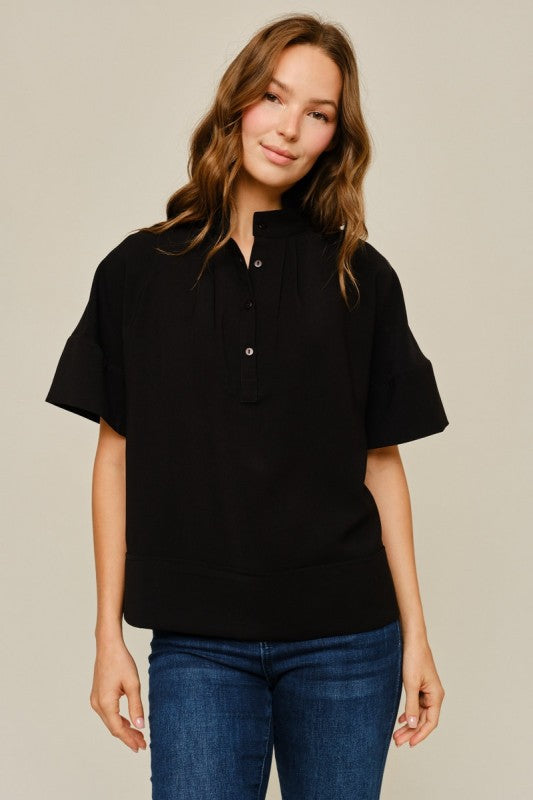 Fran Pintuck Detail High Neck Top- Black