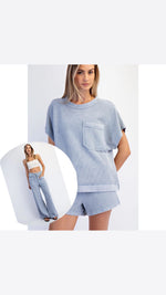 Rae Mode Mineral Washed Honeycomb Oversized Tee & Wide Leg Pants- SET -Powder Blue
