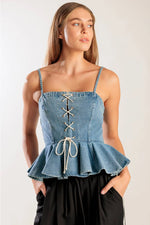 Denim Lace Up Peplum Top