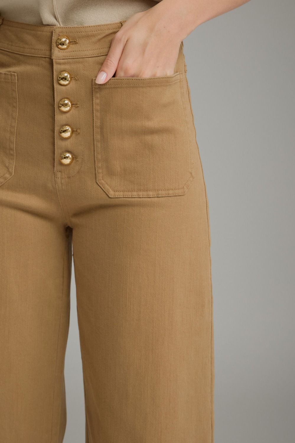 Heidi Gold Button Down Patch Pocket Wide Leg - Light Camel