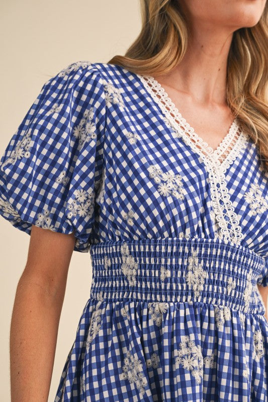Taylor Bue Floral Embroidered Gingham Mini Dress