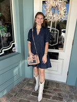 Dark Denim Mini Dress with Diamond Stitching Pattern