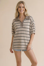 Carson Taupe/Black Stripe Polo Style Top