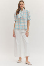 Perfectly Plaid Print Tie Neck Top - Red/Blue