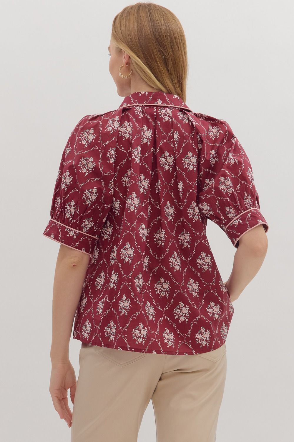 Wine Floral Button Down Top
