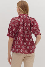 Wine Floral Button Down Top