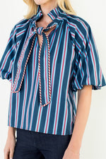 THML Blue/Red Striped Top with Bow Tie Neck
