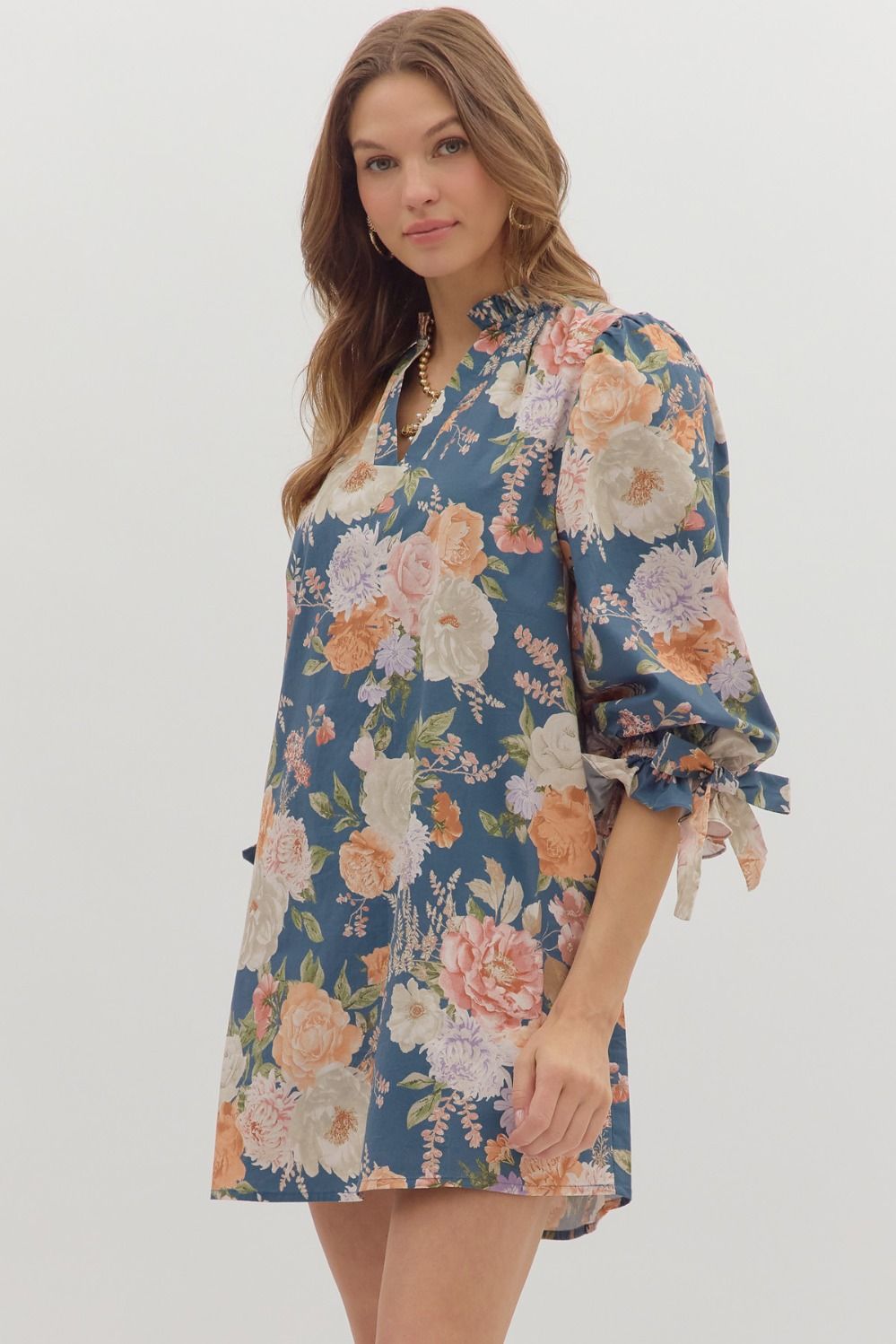 Roxie Floral Print Mini Dress featuring Fixed Bow Elbow Accent and Ruffle Neck