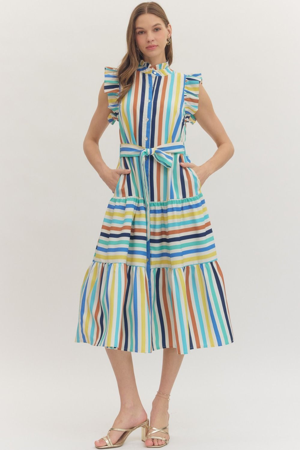 Pheobe Striped Button Down Midi Dress with Self Tie Waist