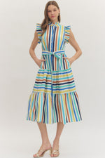 Pheobe Striped Button Down Midi Dress with Self Tie Waist