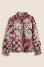 Floral Embroidered Gingham Blouse with Ruffle Collar- Red/Navy