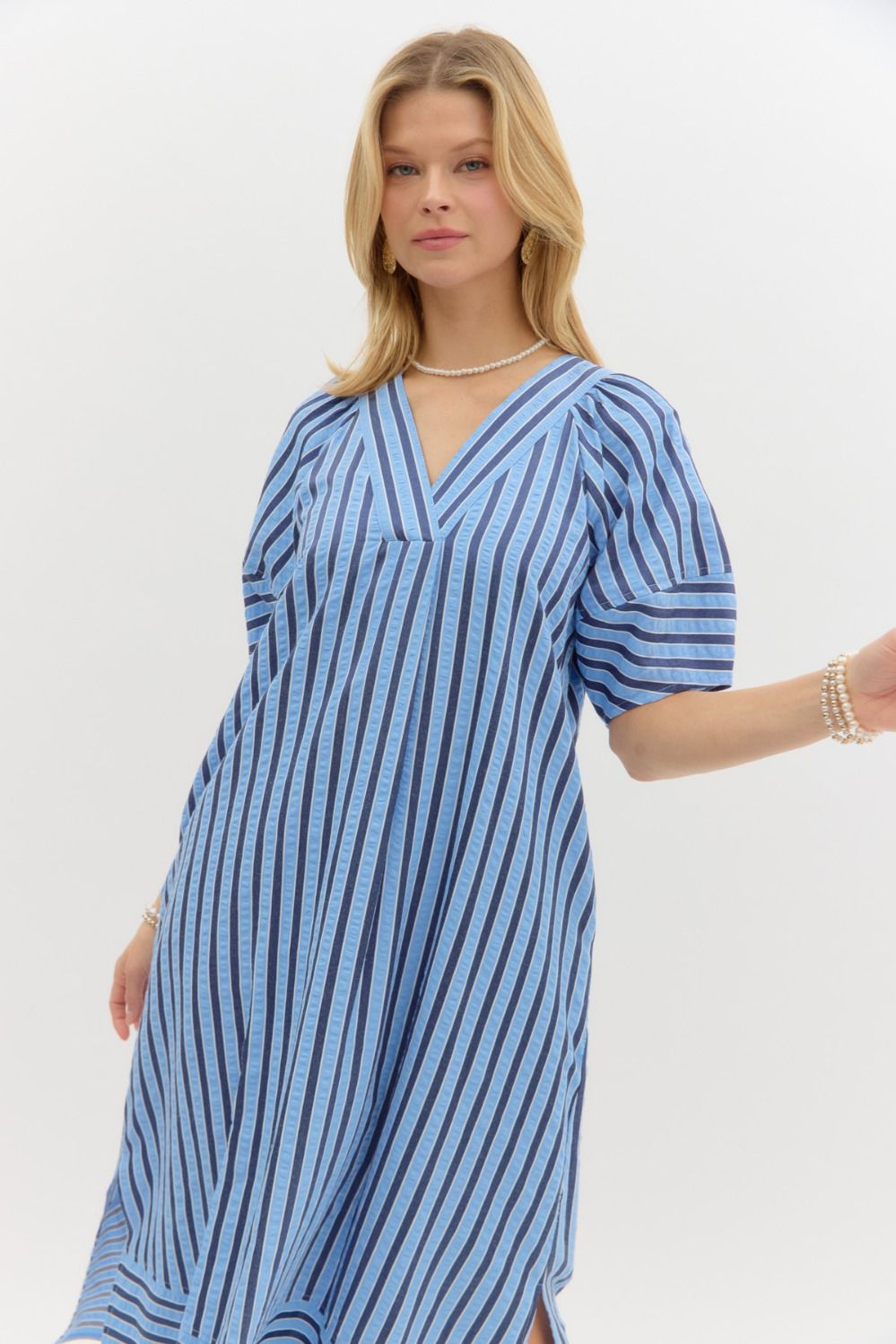 Light Blue V Neck Stripe Midi Dress