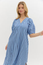 Light Blue V Neck Stripe Midi Dress