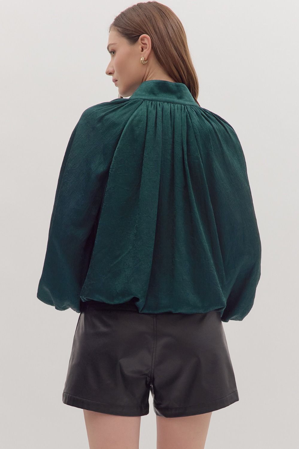 Shiny Hunter Green Bubble Hem Long Sleeve Top