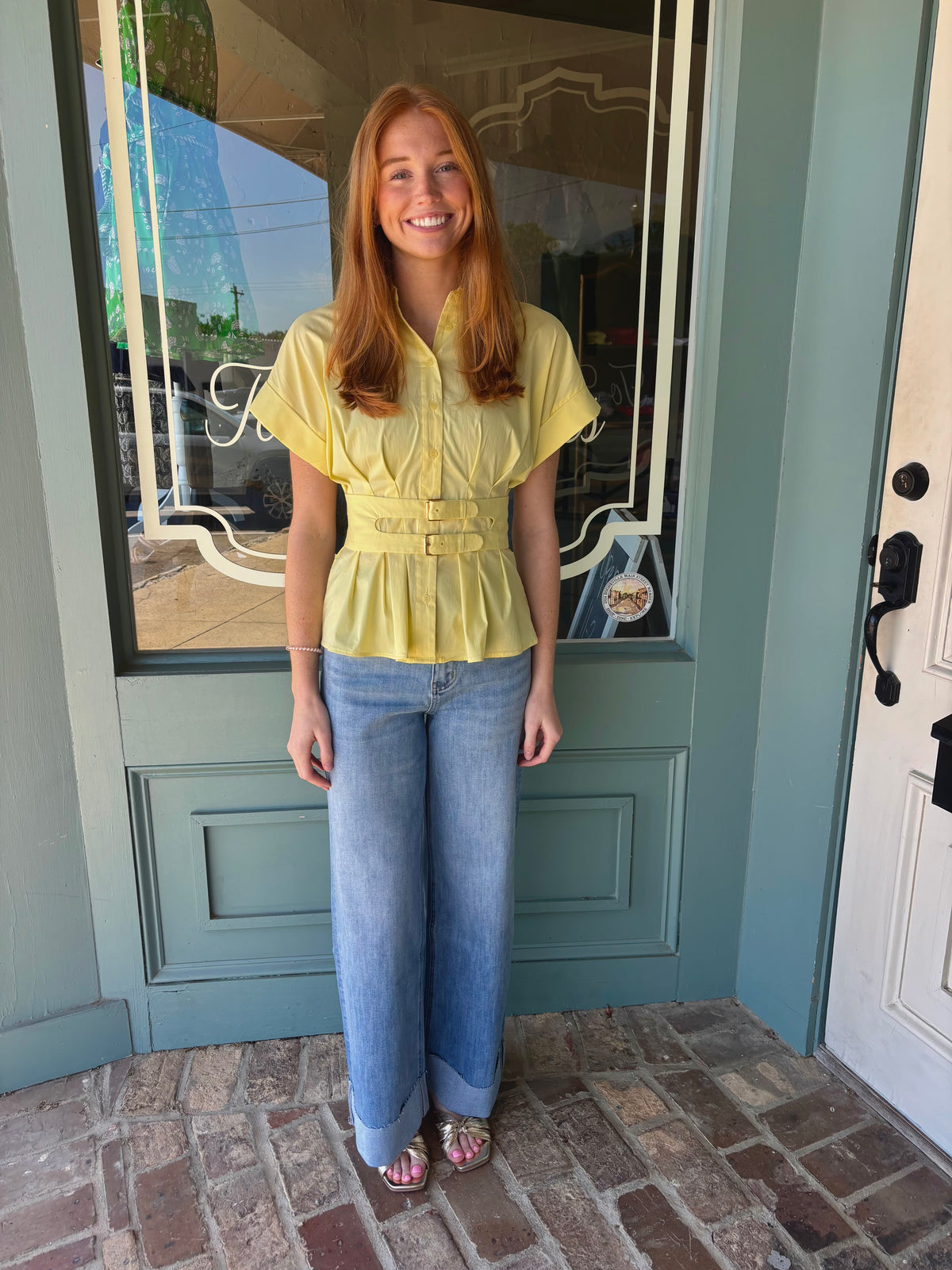 Poppy Button Down Top with Belted Detail at Waist- Lemon