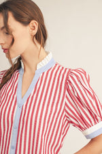 Lilette Button Down Stripe Shift Dress- Red/ Sky Blue