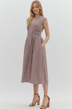 Mocha Gingham Zip Front Midi Dress with Side Pockets