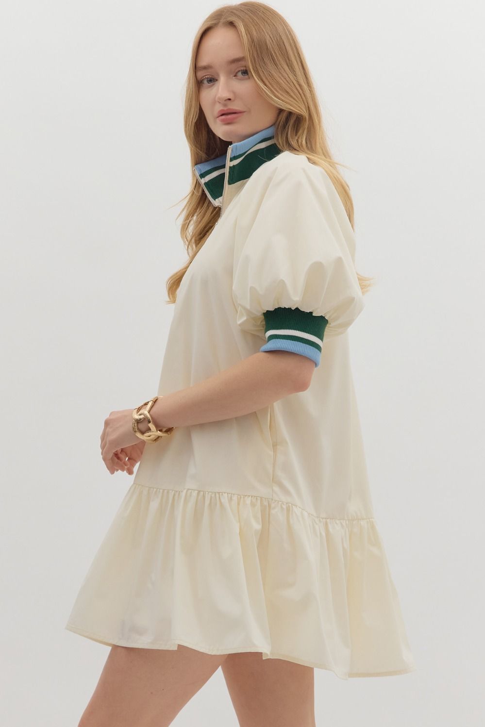Ivory Puff Sleeve Ruffle Hem Mini Dress with Multistripe Collar and Cuff/ Side Pockets/ Non Sheer