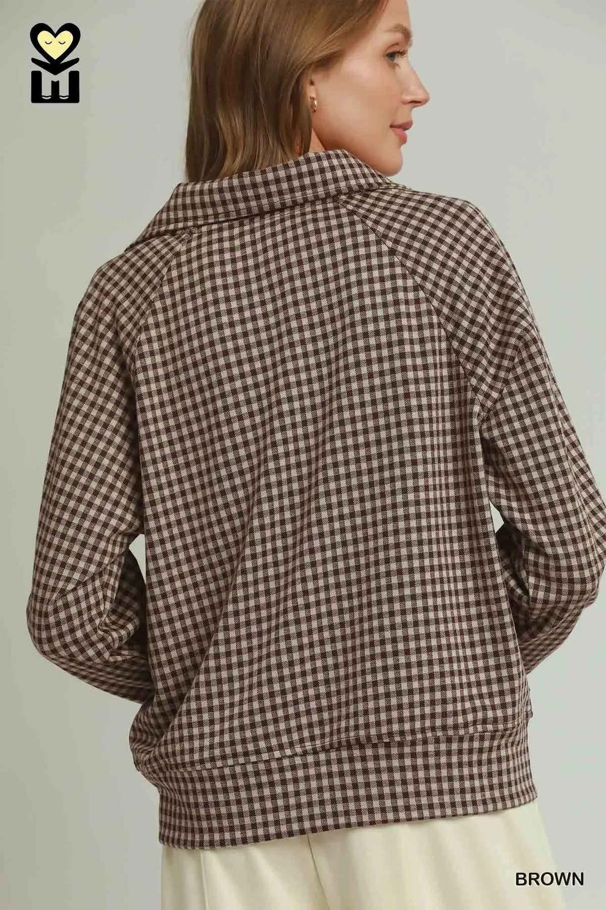 Gingham Plaid Half Zip Pullover and Skort SET - Brown