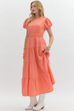 Coral Puff Sleeve Smocked Waist Tiered Maxi Dress