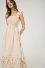 Emilie Smocked Ruffle Sleeve Eyelet Hem Midi Dress ** White or Ecru